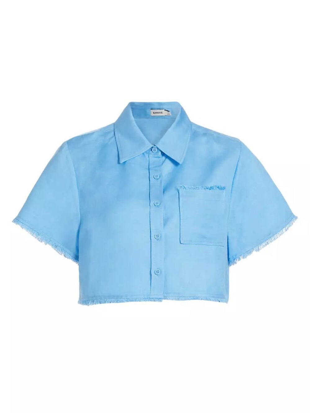 Simkhai Solange Cropped Shirt NWOT Sz L Pacific Blue Boxy Collared Linen Blend